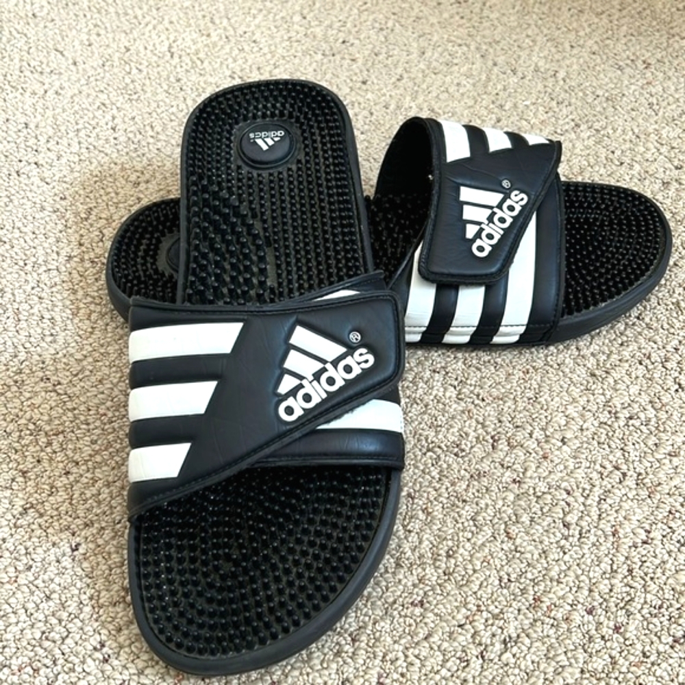 Adidas Men Adissage Logo Velcro Slides Sandals Black White Like New 15